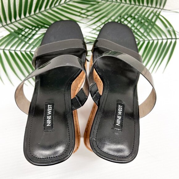 Nine West Rapps Platform Wedge Sandals Size 9.5 Black Tan Square Open Toe - Picture 7 of 13